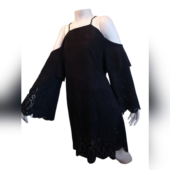 NEW Bell Sleeve Suede Dress with Laser Cutout Details - Picture 7 of 12